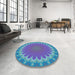 Round Patterned Blue Turquoise Green Rug in a Office, pat3894lblu