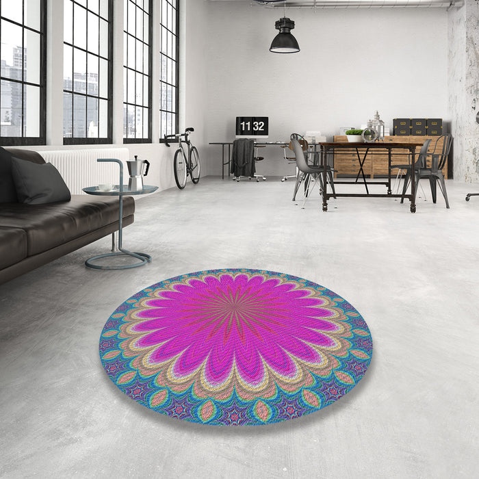 Round Machine Washable Transitional Neon Pink Rug in a Office, wshpat3894