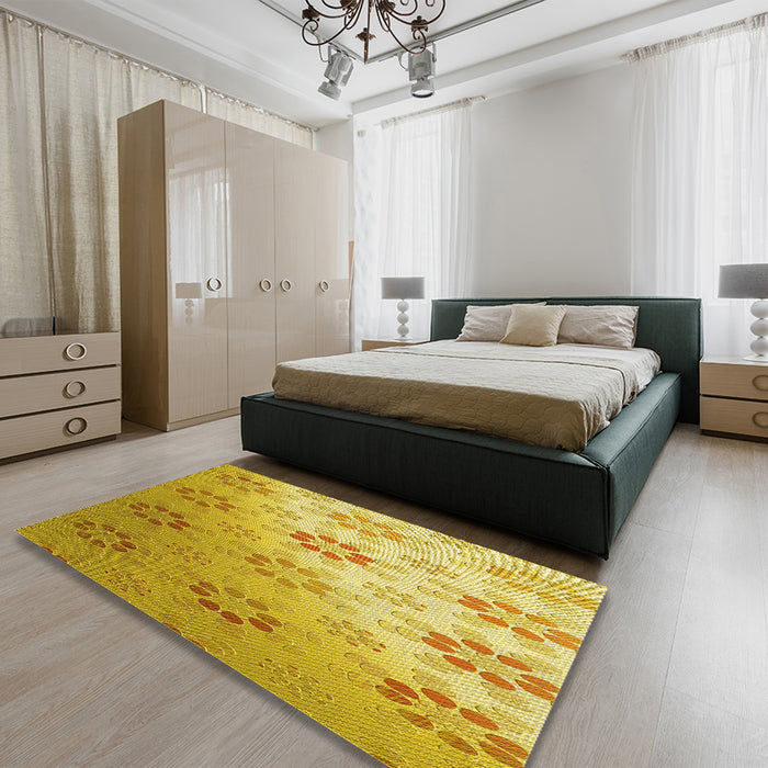 Round Machine Washable Transitional Bright Gold Yellow Rug in a Office, wshpat3903yw