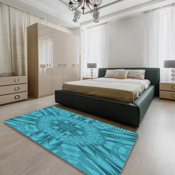 Patterned Dark Cyan Green Rug in a Bedroom, pat3906lblu