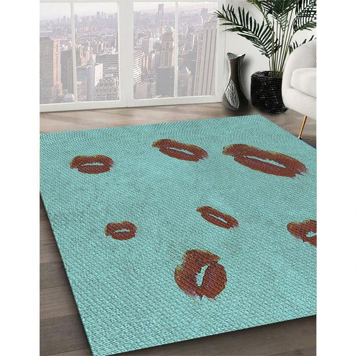 Patterned Sea Green Rug in Family Room, pat3907lblu
