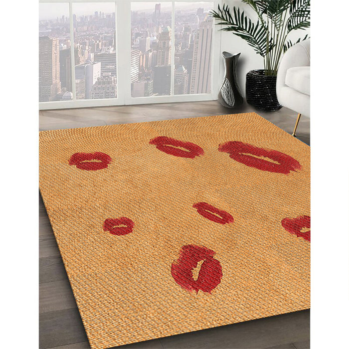 Patterned Orange Red Orange Rug in Family Room, pat3907org