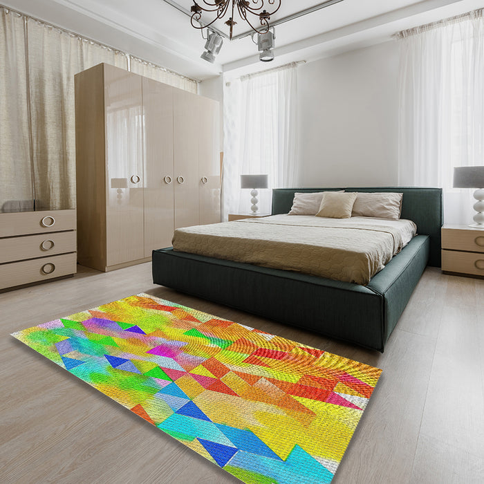 Patterned Rust Pink Modern Rug in a Bedroom, pat3914