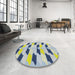 Round Machine Washable Transitional Azure Blue Rug in a Office, wshpat3925