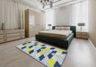 Machine Washable Transitional Azure Blue Rug in a Bedroom, wshpat3925