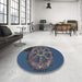 Round Machine Washable Transitional Steel Blue Rug in a Office, wshpat3934