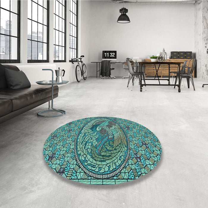Round Patterned Turquoise Green Rug in a Office, pat3940lblu