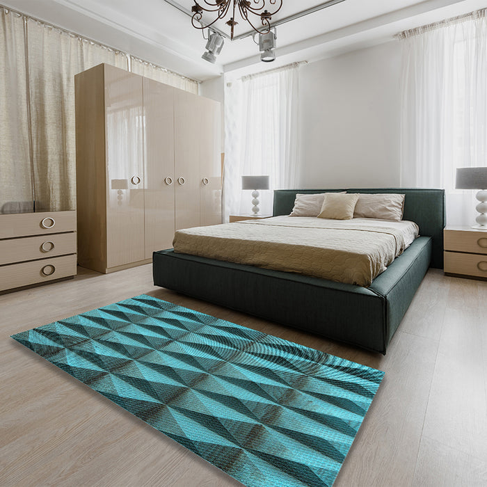 Patterned Dark Turquoise Green Rug in a Bedroom, pat3941lblu