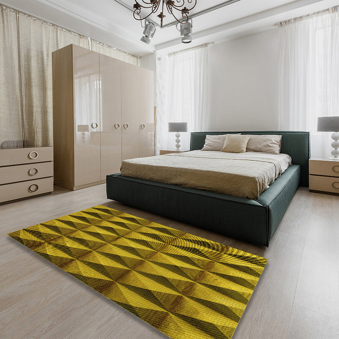 Patterned Dark Bronze Brown Rug in a Bedroom, pat3941yw