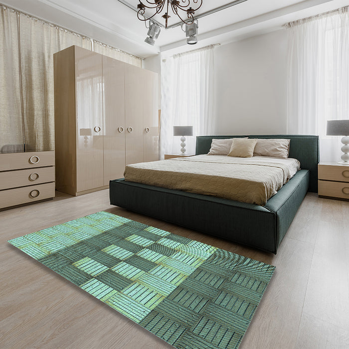 Patterned Deep-Sea Green Rug in a Bedroom, pat3946lblu
