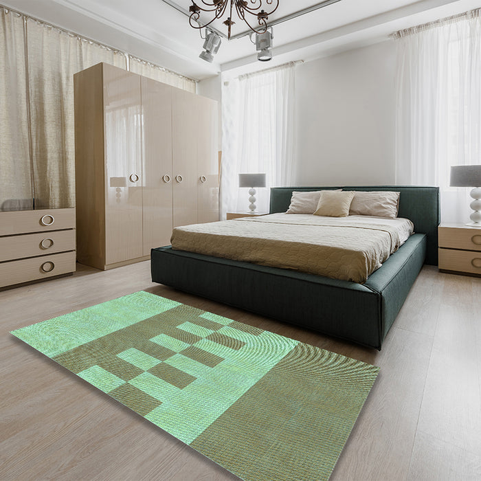 Patterned Olive Green Rug in a Bedroom, pat3950lblu