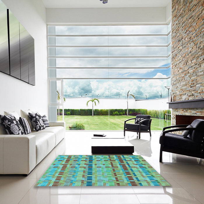 Square Patterned Turquoise Green Rug in a Living Room, pat3962lblu