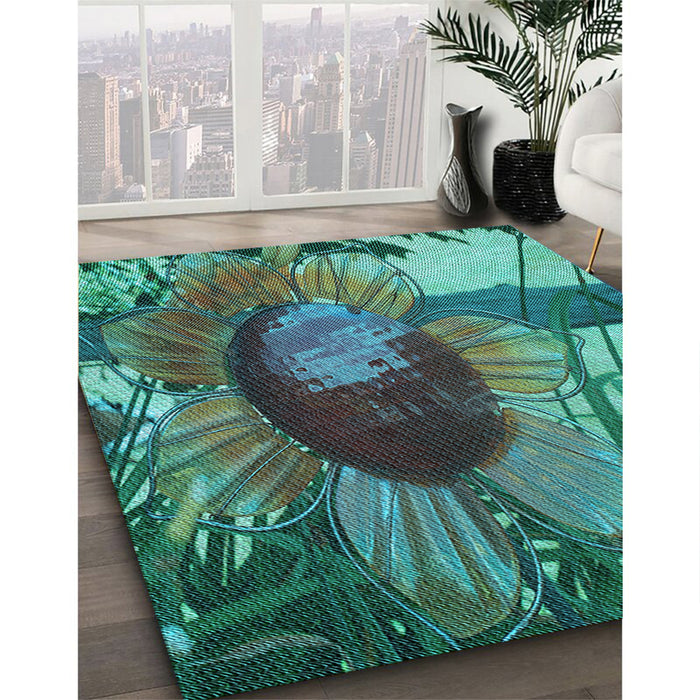 Patterned Deep-Sea Green Rug in Family Room, pat3966lblu