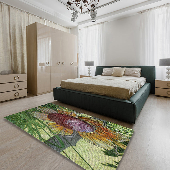 Patterned Copper Green Novelty Rug in a Bedroom, pat3966