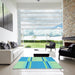 Square Patterned Dark Turquoise Green Rug in a Living Room, pat3970lblu