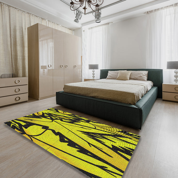 Patterned Yellow Modern Rug in a Bedroom, pat3973