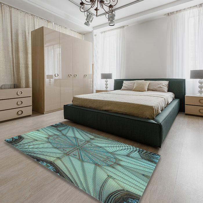 Patterned Blue Moss Green Rug in a Bedroom, pat3976lblu