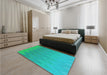 Patterned Dark Turquoise Green Rug in a Bedroom, pat3983lblu