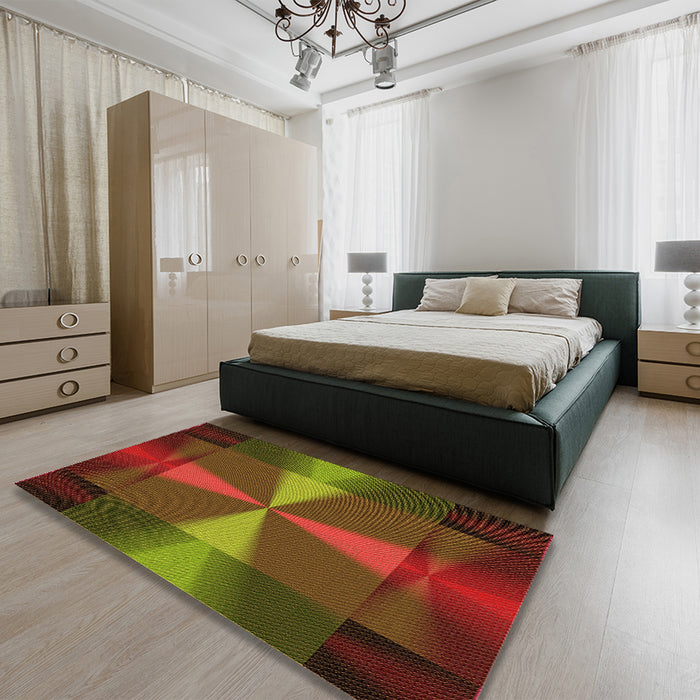 Patterned Dark Yellow Green Rug in Family Room, pat40org