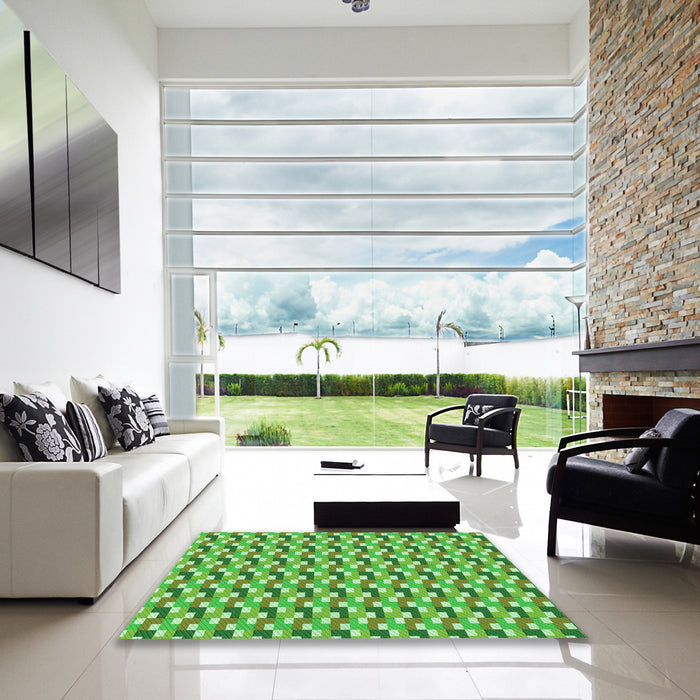 Square Patterned Dark Lime Green Rug in a Living Room, pat407grn