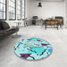 Round Patterned Glacial Blue Ice Blue Rug in a Office, pat408lblu