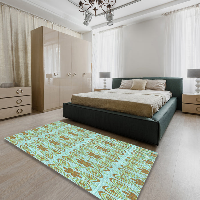 Patterned Aquamarine Green Rug in a Bedroom, pat410lblu