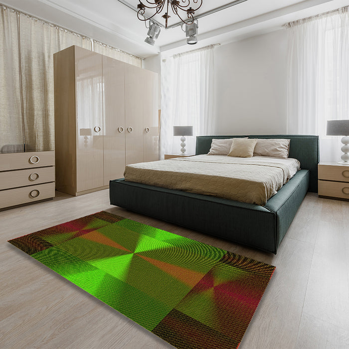 Patterned Dark Lime Green Rug in a Bedroom, pat42yw