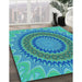 Patterned Dark Turquoise Green Rug in Family Room, pat420lblu