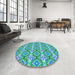 Round Patterned Glacial Blue Ice Blue Rug in a Office, pat436lblu