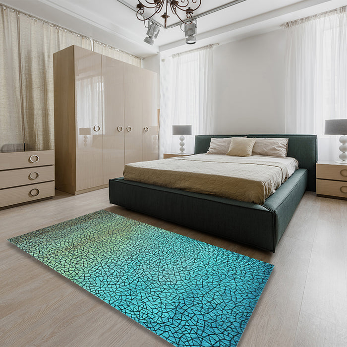 Patterned Turquoise Green Rug in a Bedroom, pat438lblu