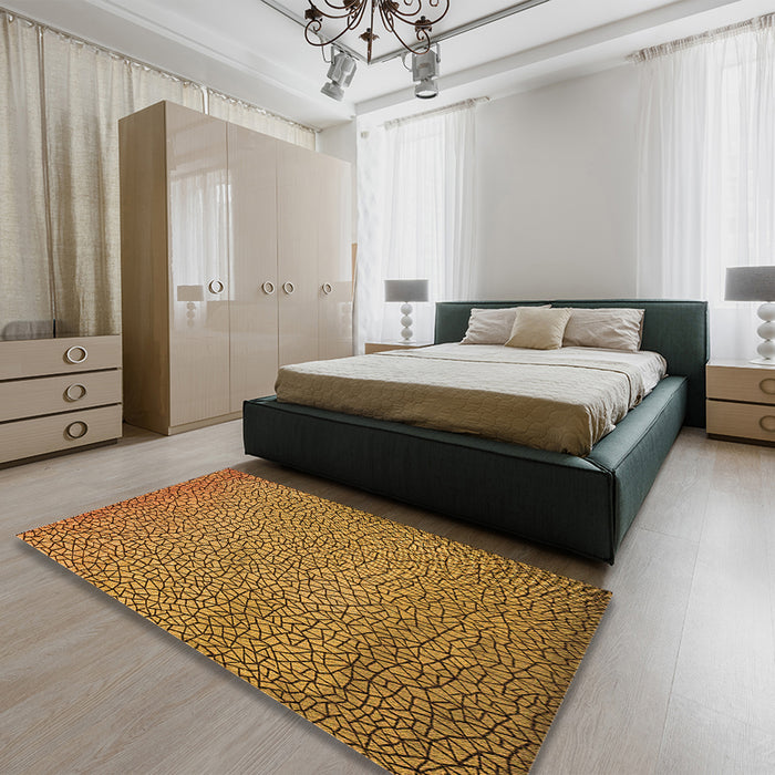 Patterned Dark Bronze Brown Rug in a Bedroom, pat439org