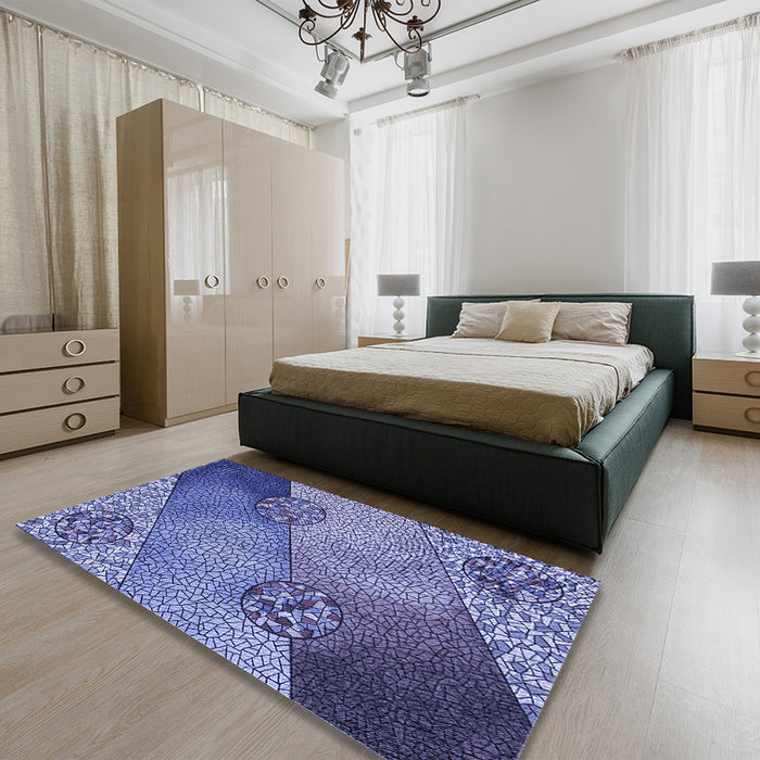 Round Machine Washable Transitional Denim Blue Rug in a Office, wshpat440blu