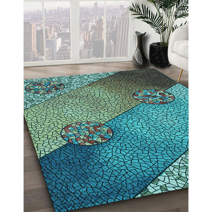 Patterned Turquoise Green Rug in Family Room, pat440lblu