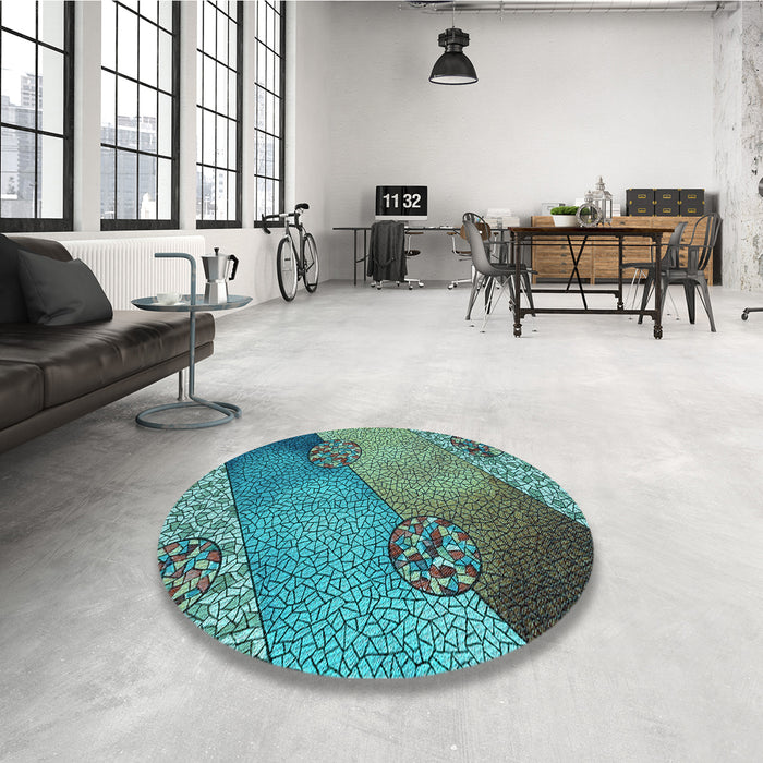 Round Patterned Turquoise Green Rug in a Office, pat440lblu