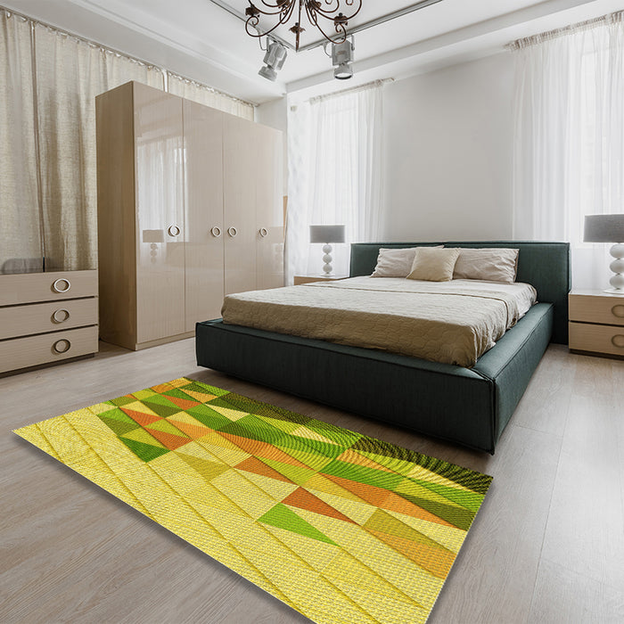 Patterned Dark Yellow Green Rug in a Bedroom, pat442yw