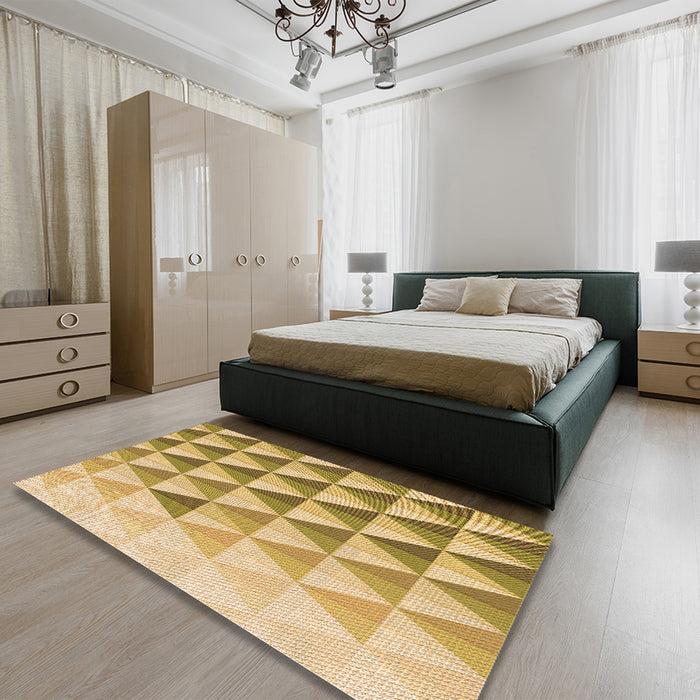 Patterned Dark Golden Brown Rug in a Bedroom, pat446org