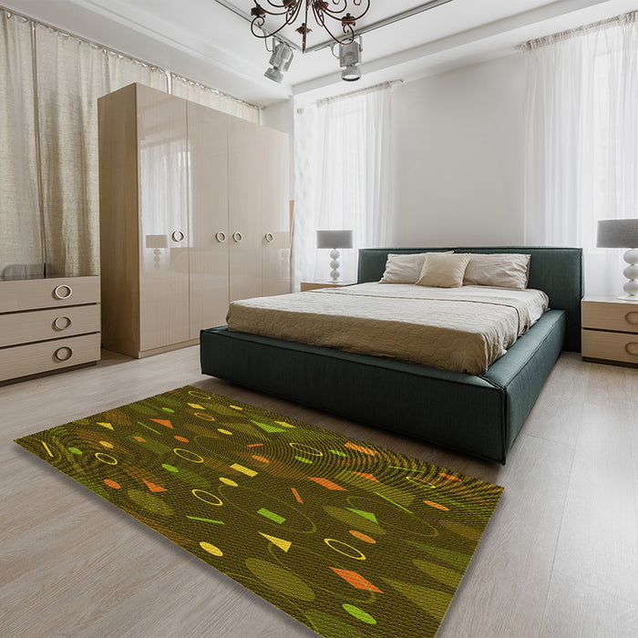 Patterned Dark Yellow Green Rug in a Bedroom, pat447yw
