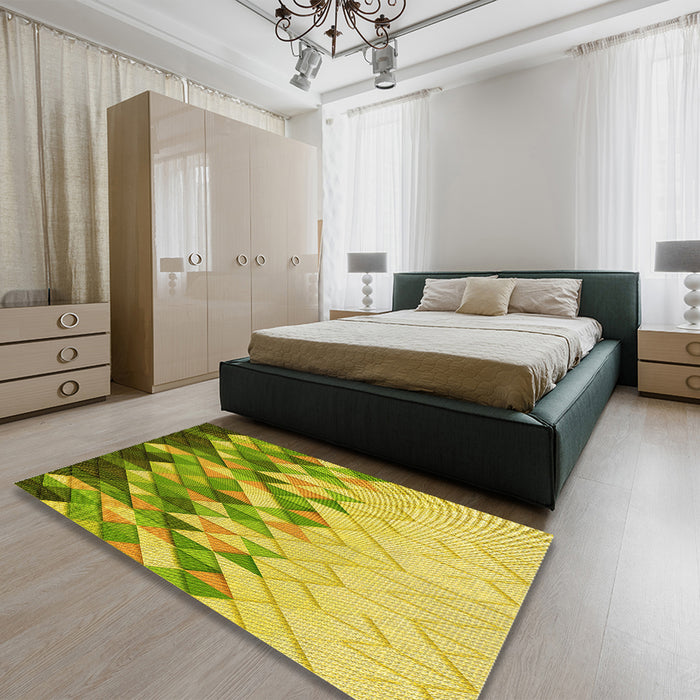 Patterned Dark Yellow Green Rug in a Bedroom, pat448yw