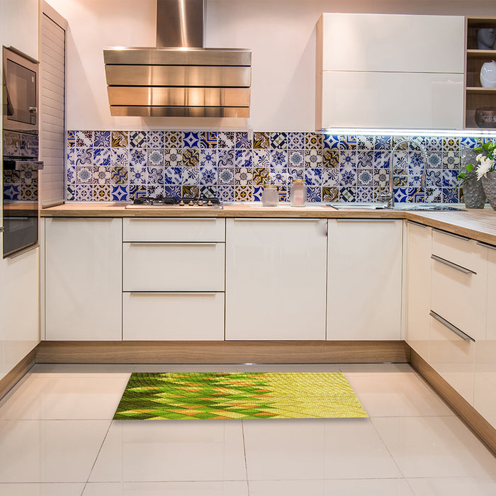 Patterned Dark Yellow Green Rug in a Kitchen, pat448yw