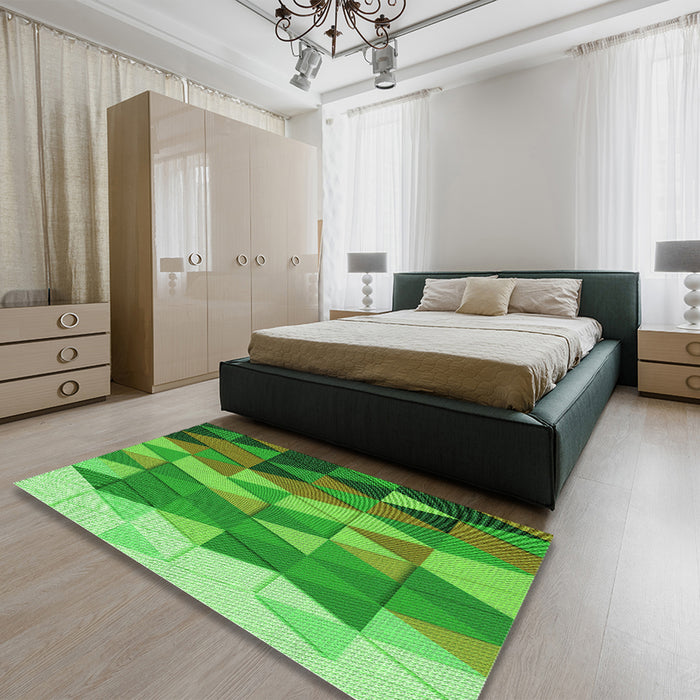Patterned Dark Lime Green Rug in a Bedroom, pat452grn