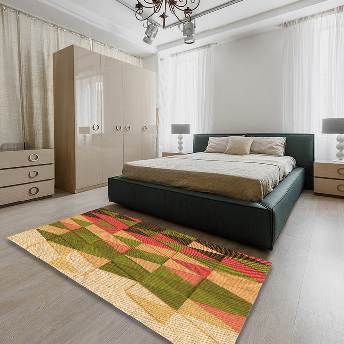 Patterned Mahogany Brown Rug in a Bedroom, pat452org
