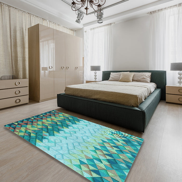 Patterned Turquoise Green Rug in a Bedroom, pat453lblu