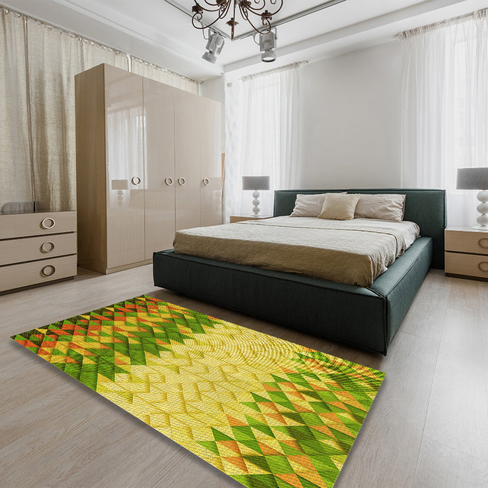 Patterned Dark Yellow Green Rug in a Bedroom, pat453yw