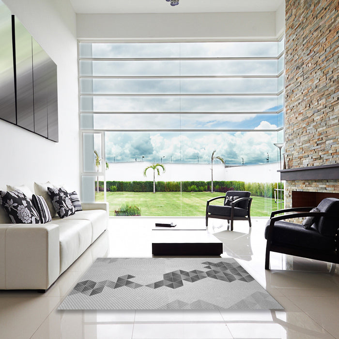 Square Patterned Gunmetal Gray Rug in a Living Room, pat459gry