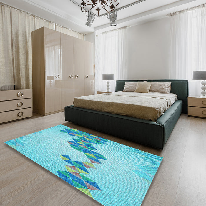 Round Machine Washable Transitional Blue Turquoise Green Rug in a Office, wshpat459lblu