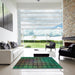 Square Patterned Dark Mint Green Rug in a Living Room, pat464lblu