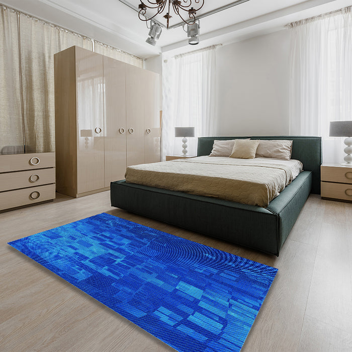 Round Machine Washable Transitional Neon Blue Rug in a Office, wshpat473lblu
