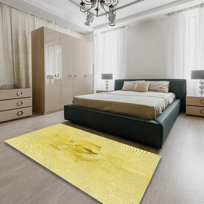 Patterned Golden Brown Yellow Rug in a Bedroom, pat476yw