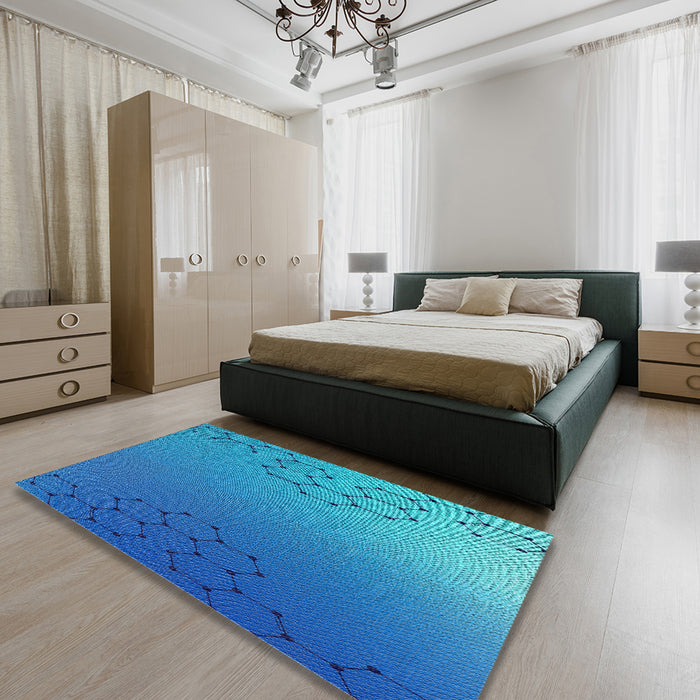 Patterned Bright Turquoise Blue Novelty Rug in a Bedroom, pat479