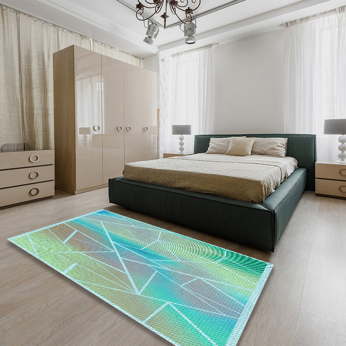 Patterned Cadet Blue Green Rug in a Bedroom, pat482lblu